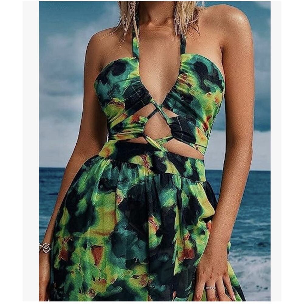 Bella Barnett Hawaiian Tropical Printed Maxi Dress Size M Green New - Picture 2 of 7